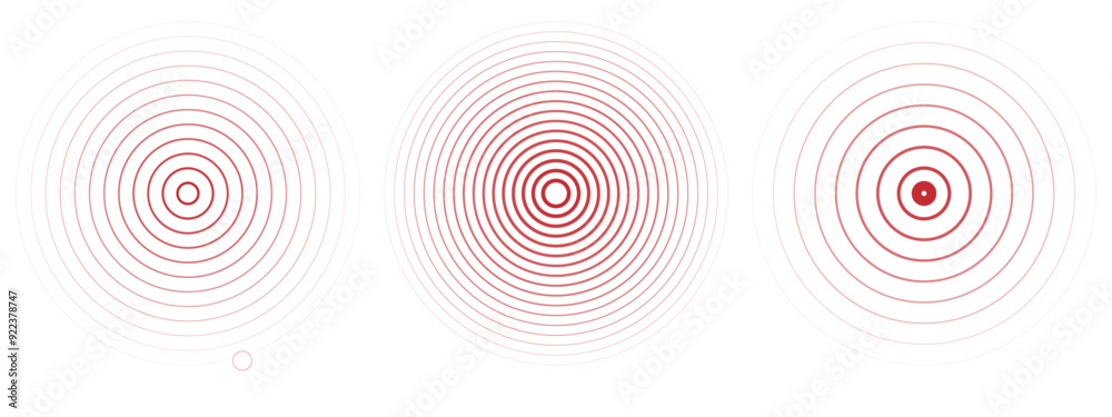 Concentric ripple circles set. Seismic Earthquake alert radar. Radial signal, sonar wave, soundwave rings. touch effect or pulse