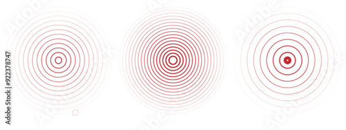 Concentric ripple circles set. Seismic Earthquake alert radar. Radial signal, sonar wave, soundwave rings. touch effect or pulse