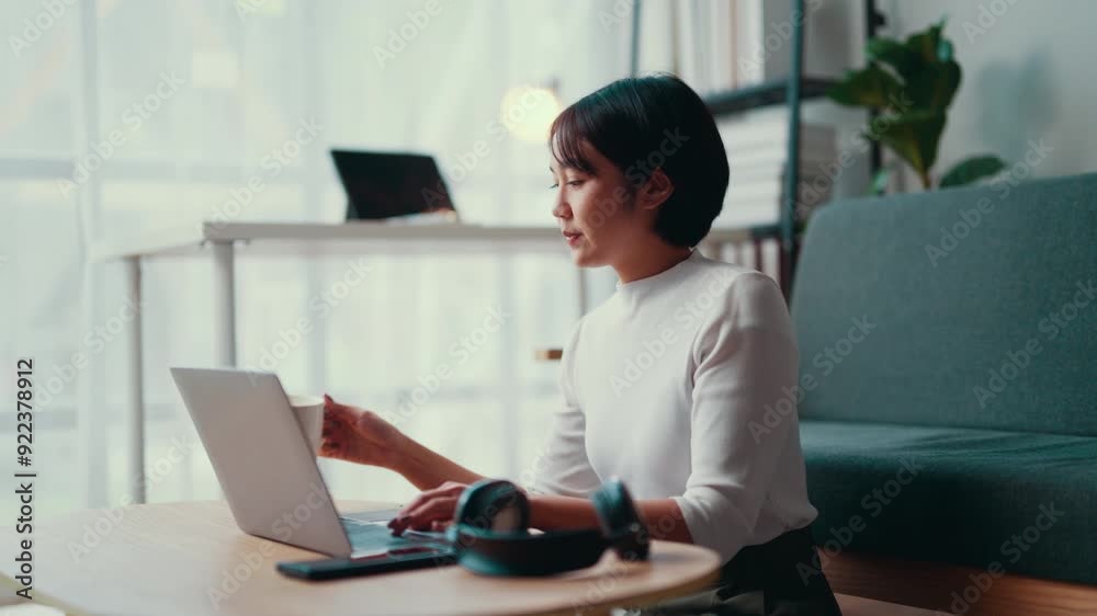 Professional woman typing on laptop and enjoying a coffee break in a modern, minimalist office setting with natural light Professional woman typing on laptop and enjoying a coffee break in a modern, minimalist office setting with natural light