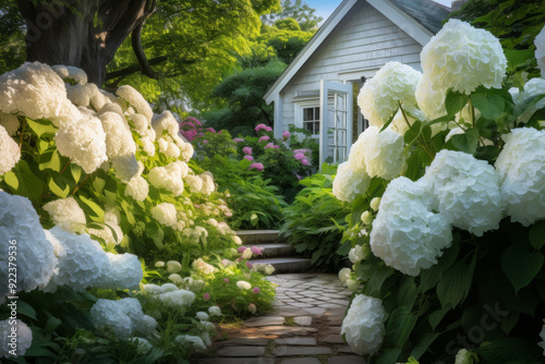 Lush hydrangea shrubs in front of a house, Generative AI