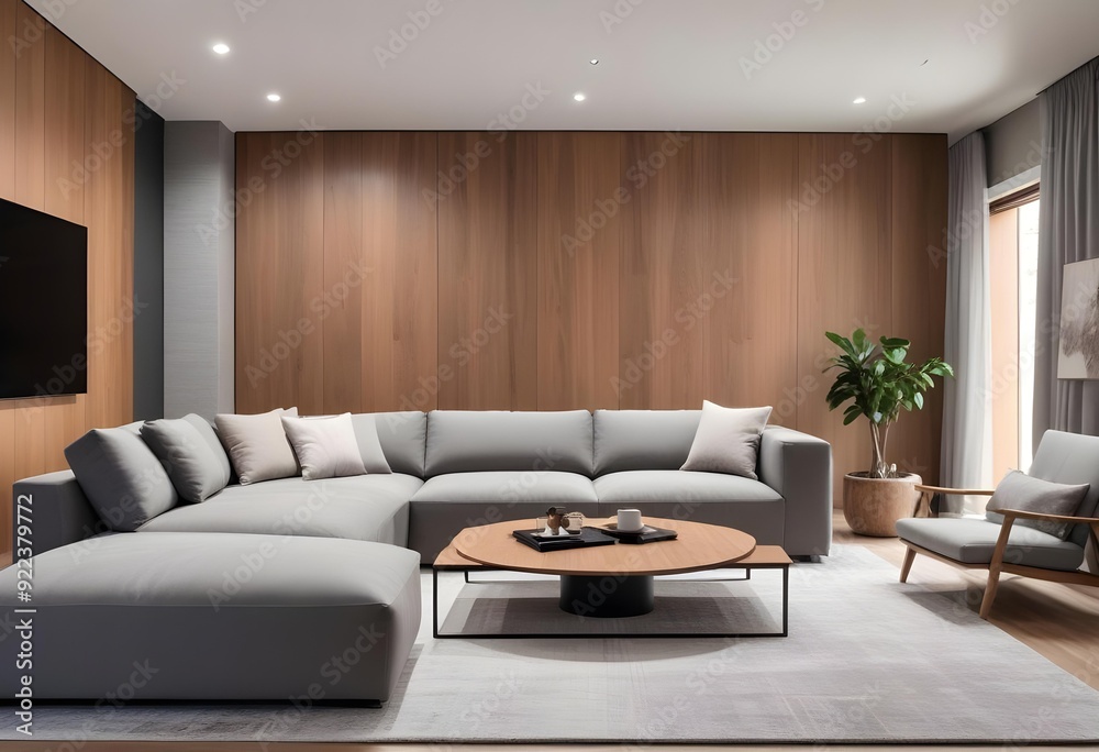 A modern and minimalist living room with a large gray sectional sofa, a wooden accent wall with recessed lighting, and a low coffee table on a light-colored rug. A modern and minimalist living room with a large gray sectional sofa, a wooden accent wall with recessed lighting, and a low coffee table on a light-colored rug.