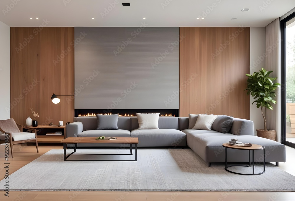 A modern and minimalist living room with a large gray sectional sofa, a ...