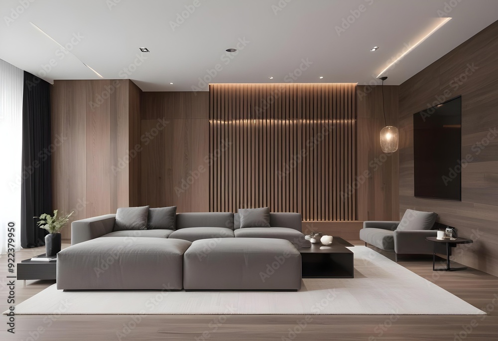 A modern and minimalist living room with a large gray sectional sofa, a ...