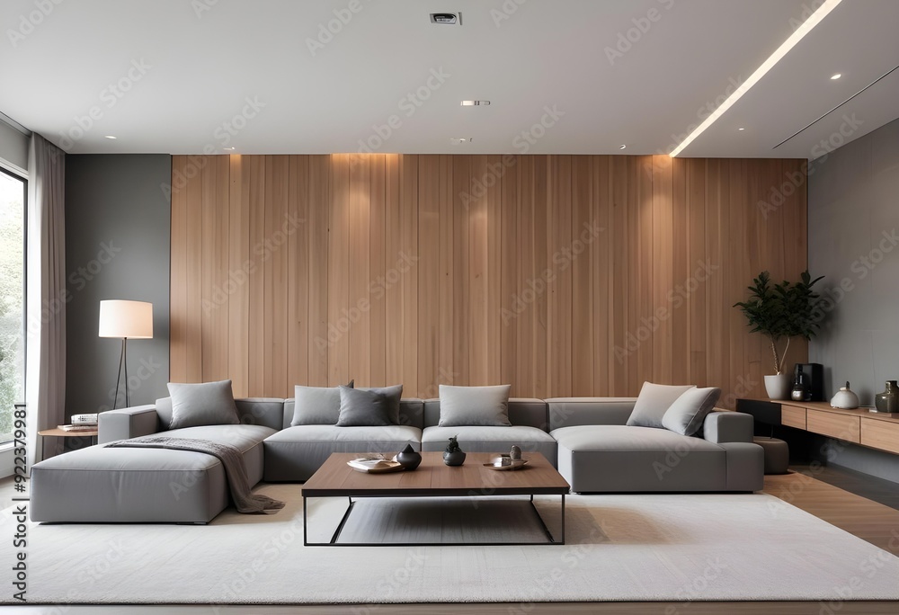 A modern and minimalist living room with a large gray sectional sofa, a ...