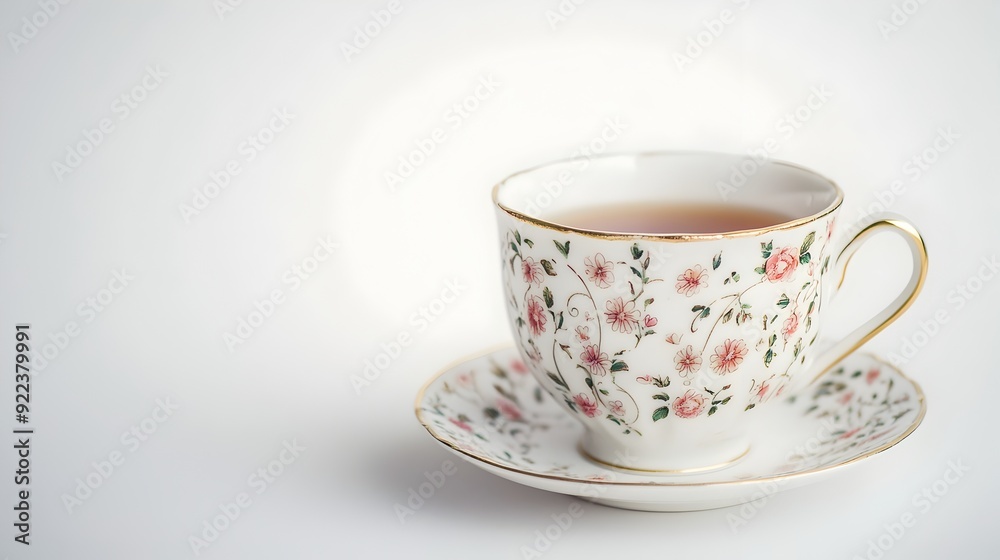 Fototapeta premium Delicate Floral Patterned Teacup Exuding Vintage Elegance on a White Background