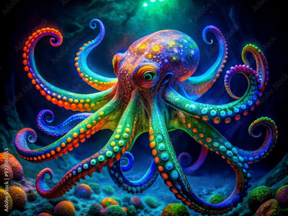 Vibrant, colorful octopus with mesmerizing blue, green, and orange markings shines brightly under blacklight, creating an otherworldly, hypnotic, and surreal underwater scene. Vibrant, colorful octopus with mesmerizing blue, green, and orange markings shines brightly under blacklight, creating an otherworldly, hypnotic, and surreal underwater scene.