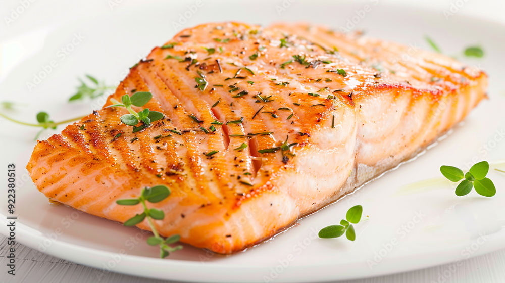 Grilled Salmon Fillet Garnished With Fresh Herbs on a White Plate Lightly Seasoned With Spices Perfect for Healthy Eating and Gourmet Dining