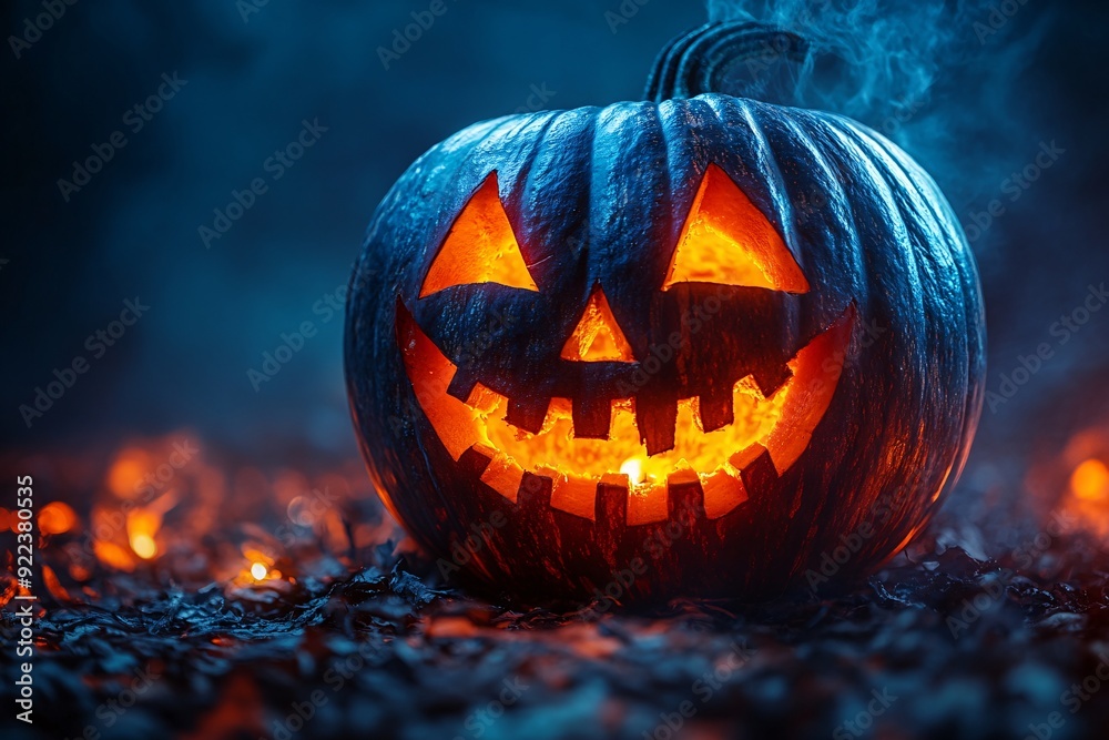 Fototapeta premium Halloween pumpkin on a scary background. Decorations and autumn celebrations.