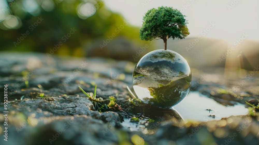 Earth Day and global environment concept featuring glass globe and environmentally friendly surroundings Earth Day and global environment concept featuring glass globe and environmentally friendly surroundings