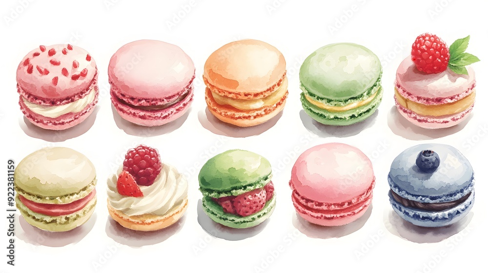 Obraz premium A colorful assortment of macarons with various fillings and toppings, including fruit and cream.