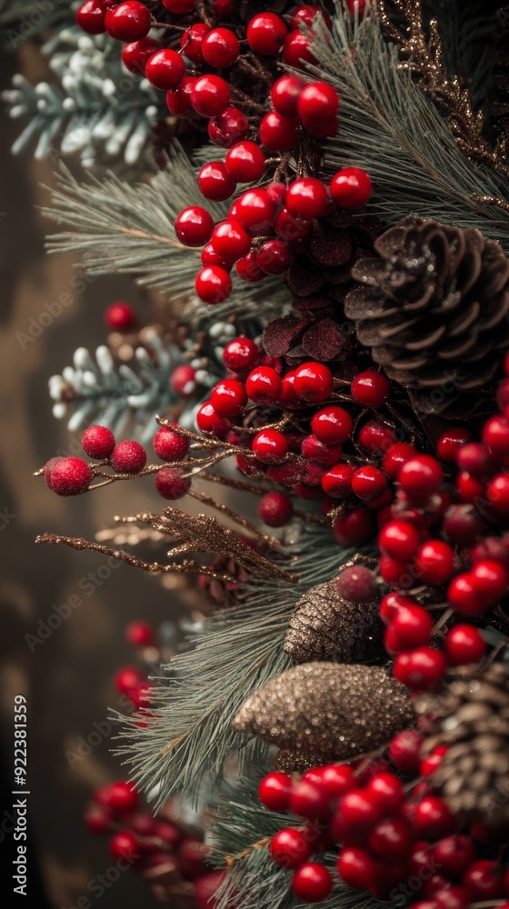 Christmas wreath decoration with red berries and pine cones hanging on door Christmas wreath decoration with red berries and pine cones hanging on door