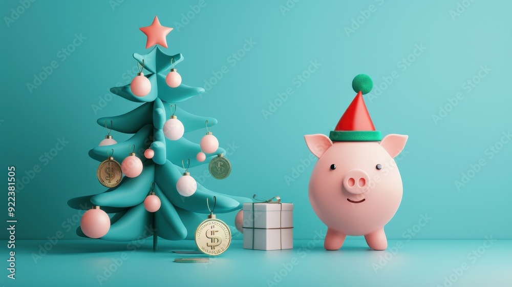 A happy 3D cartoon piggy bank with a festive hat, standing next to a Christmas tree adorned with ornaments made of coins and dollar bills. A happy 3D cartoon piggy bank with a festive hat, standing next to a Christmas tree adorned with ornaments made of coins and dollar bills.