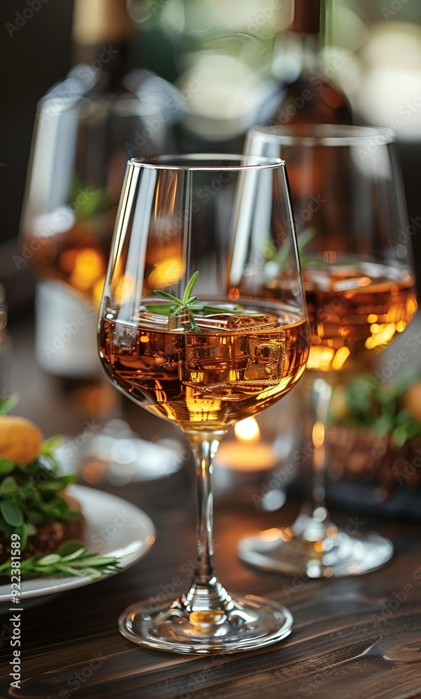 A table adorned with two wine glasses and a gourmet plate of food.