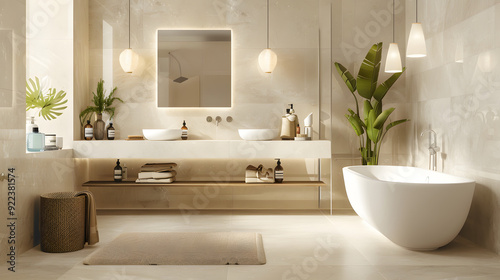 A luxurious modern bathroom with beige tiles, double vanity and bathtub in neutral tones.