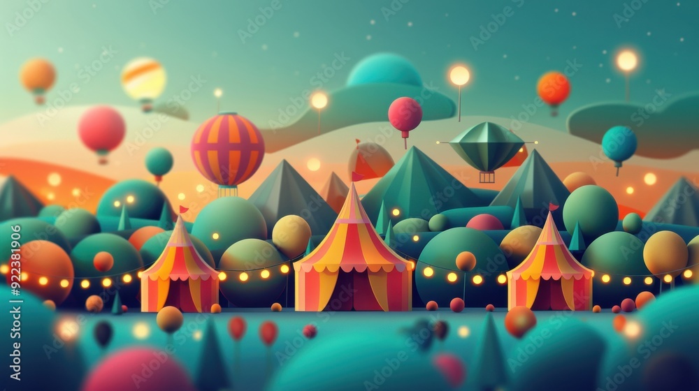 A vibrant 3D illustration of a festival with colorful tents, lights, and people enjoying the festivities A vibrant 3D illustration of a festival with colorful tents, lights, and people enjoying the festivities