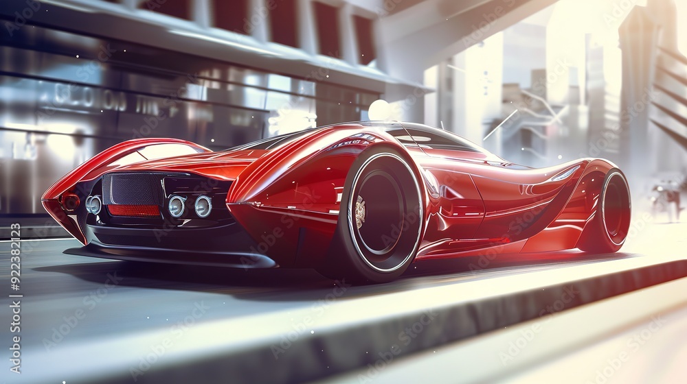 Red futuristic sports car speeding through city. Red futuristic sports car speeding through city.