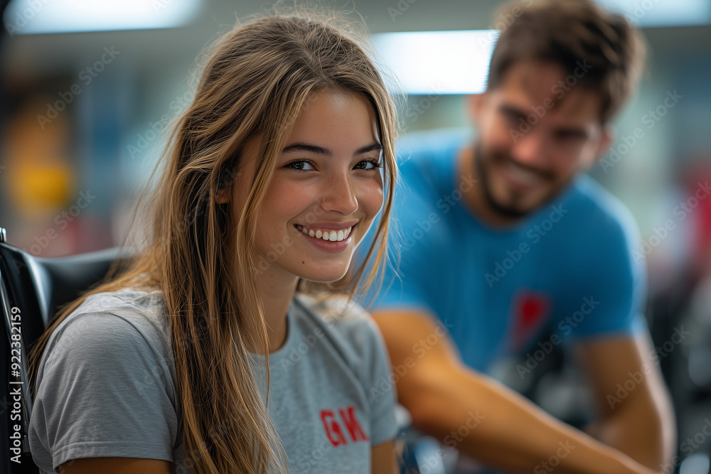 A volunteer assisting a person with disabilities during a fitness session, helping them stay active and healthy A volunteer assisting a person with disabilities during a fitness session, helping them stay active and healthy