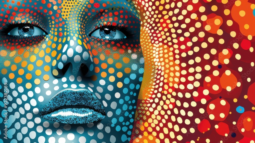 A woman's face made of white dots, with an endless staircase in the background featuring red and yellow polka dot patterns A woman's face made of white dots, with an endless staircase in the background featuring red and yellow polka dot patterns