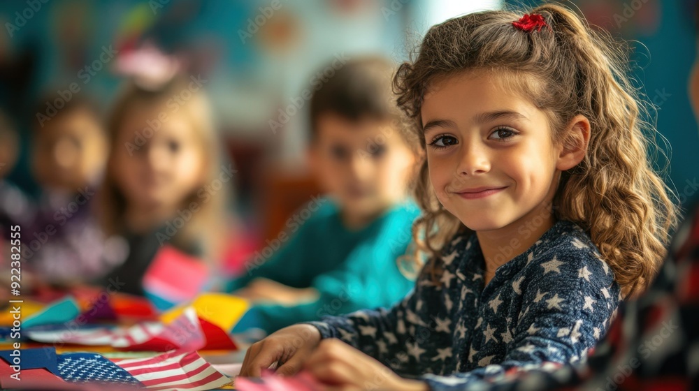 Young Crafter Smiles with American Pride, Classmates Blurred in Background Young Crafter Smiles with American Pride, Classmates Blurred in Background