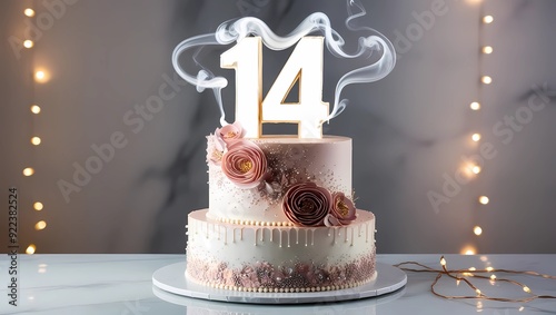 Chic Fourteenth Birthday Cake with Illuminated Number Toppers and Elegant Floral Details
