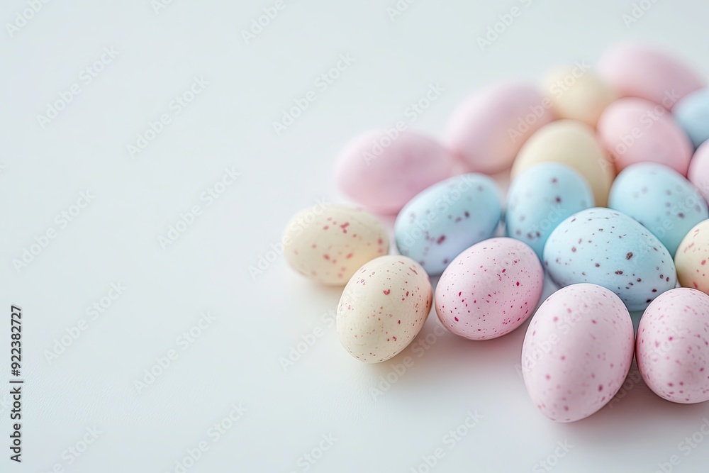 Small pastel colored chocolate Easter eggs on a white background, in an Easter theme, Easter candy, product photography Small pastel colored chocolate Easter eggs on a white background, in an Easter theme, Easter candy, product photography