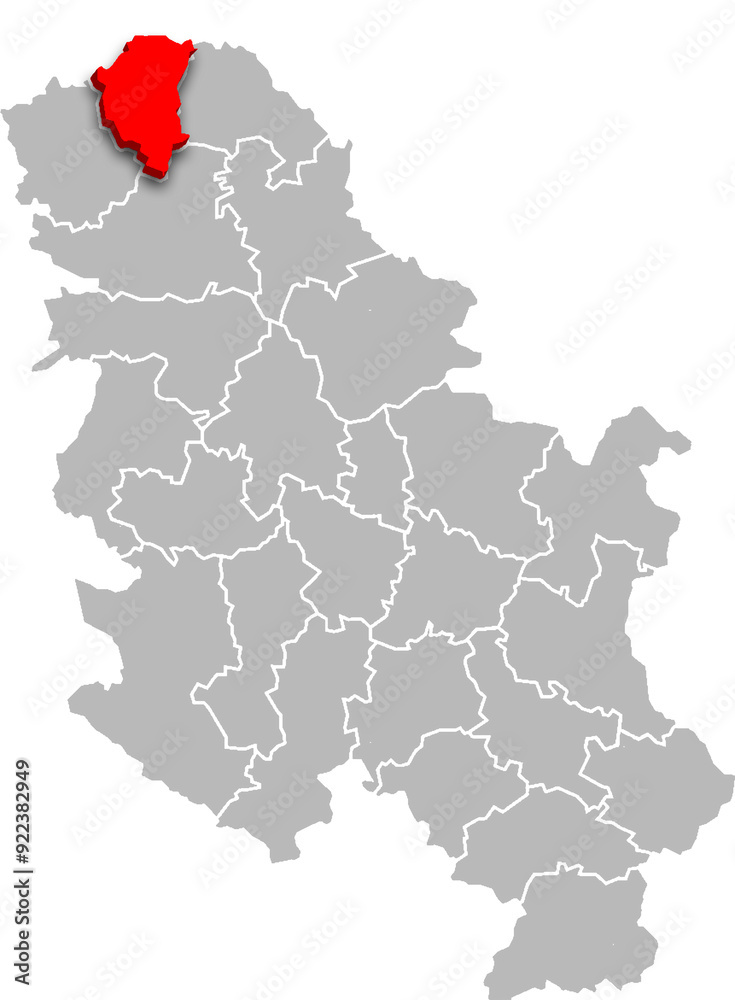 Obraz premium NORTH Bačka district map ADMINISTRATIVE DIVISIONS of SERBIA 3d isometric map