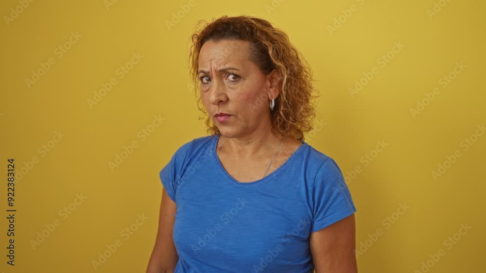 Throat cut gesture, middle age hispanic woman wearing blue t-shirt standing over isolated yellow background showing aggression and threatening violence with furious hand knife cut Throat cut gesture, middle age hispanic woman wearing blue t-shirt standing over isolated yellow background showing aggression and threatening violence with furious hand knife cut