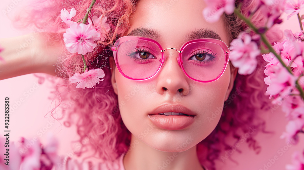 Fototapeta premium Fashionable woman with pink hair and sunglasses surrounded by flowers