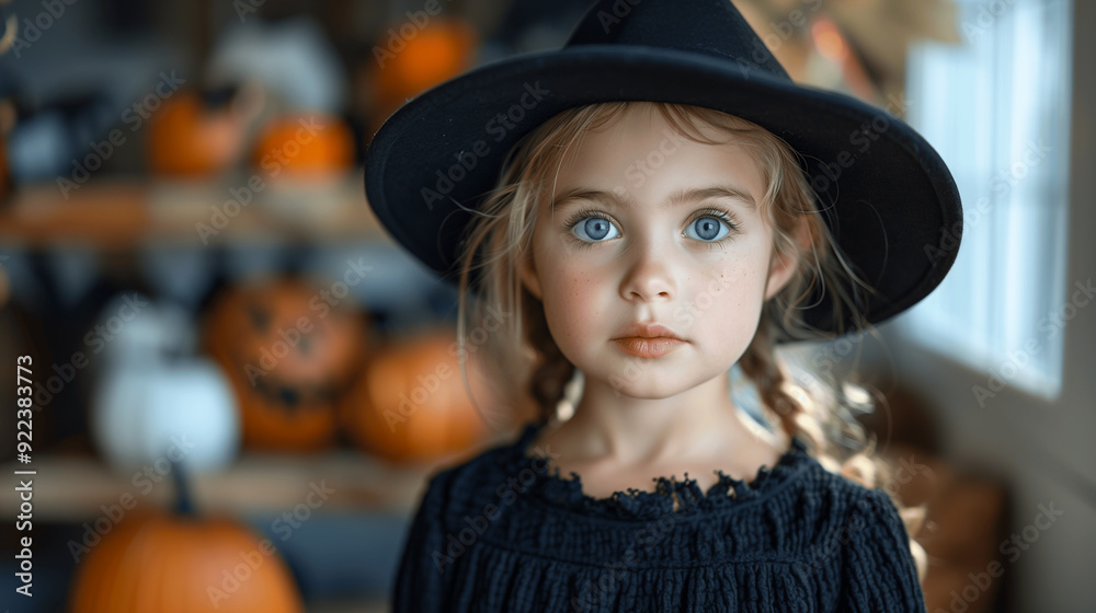 Little girl dressed as a witch with pumpkins in the background for Halloween Little girl dressed as a witch with pumpkins in the background for Halloween