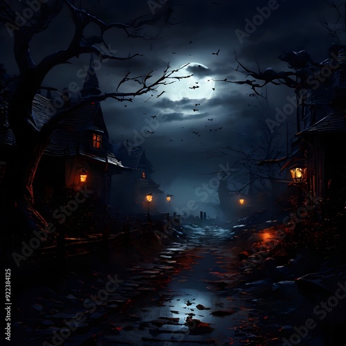 Eerie Moonlit Village: Gothic Halloween Scene with Haunted Houses, Twisted Trees, and Misty Cobblestone Path under Full Moon Spooky Night Landscape for Horror and Mystery Themes photo