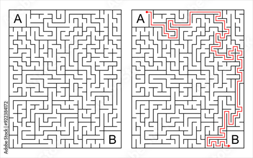 Medium complexity maze game with solution. Rectangular black and white maze puzzle. Vector illustration