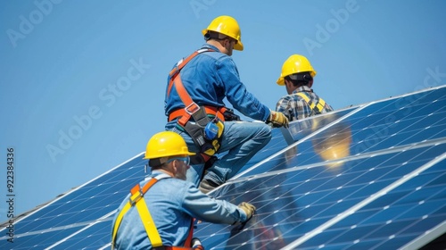 Wallpaper Mural Workers in safety gear mounting solar panels on a residential building Torontodigital.ca