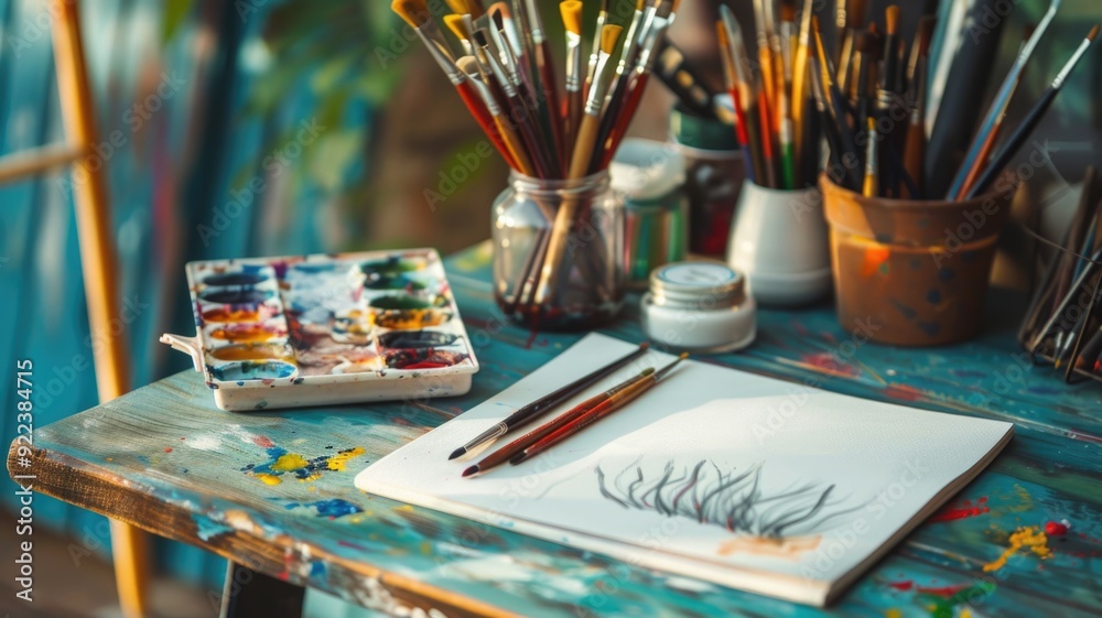 An artistic setup with paintbrushes, watercolors, and sketchpads on a table An artistic setup with paintbrushes, watercolors, and sketchpads on a table