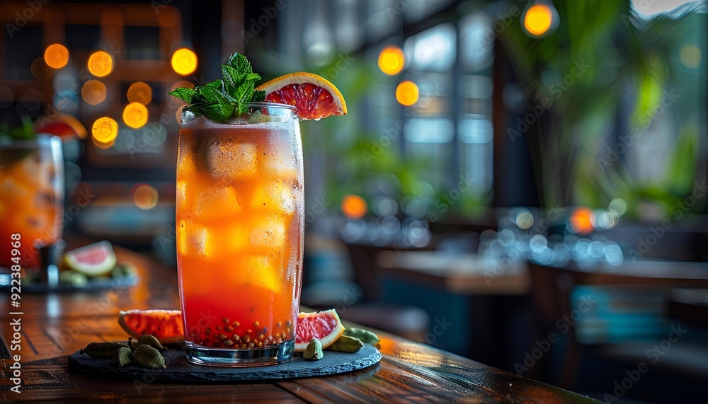 A stylish drink adorned with a garnish, showcased on a warm wooden table. A stylish drink adorned with a garnish, showcased on a warm wooden table.