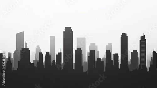 Cityscape silhouettes in monochrome, diverse heights, gray tones, side view, high contrast