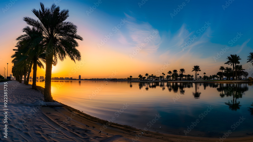 Fototapeta premium Beach with palm trees and lake at sunset in Shindagha Street, Dubai city in United Arab Emirates, wide angle, silhouette, photography, real photo, hd.