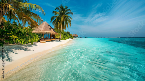 Idyllic tropical beach with overwater bungalow and lush palm trees