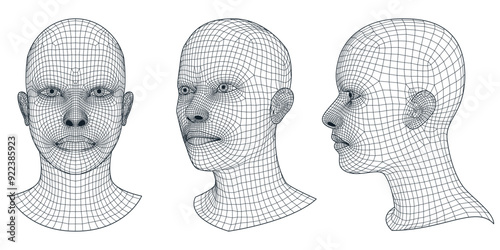 Set of vector 3d wireframe human heads. Geometric grid mesh man or woman front, profile and isometric illustration. Future high technology, artificial intelligence, science design elements
