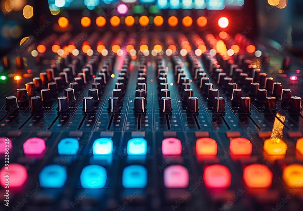 Fototapeta premium A close-up view of a mixing board illuminated by vibrant, colorful lights.
