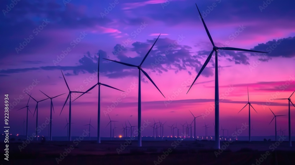 Obraz premium A wind farm with turbines gently lit against the night horizon