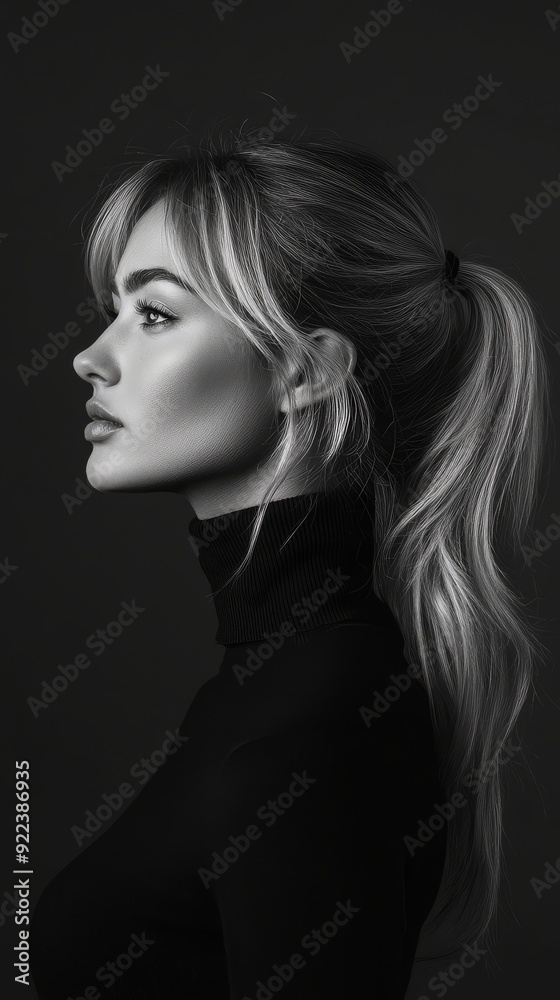 A woman with flowing hair poses in profile, exuding timeless elegance and beauty A woman with flowing hair poses in profile, exuding timeless elegance and beauty