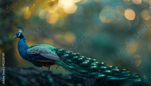 A peacock stands on a branch with its tail feathers spread out. The background is a blurry green and yellow.