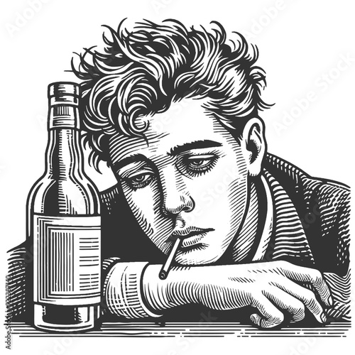 Alcoholic tired or melancholic man holding a frothy beer mug, sense of weariness sketch engraving generative ai fictional character vector illustration. Scratch board imitation. Black and white image.