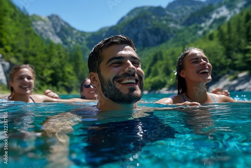 A group of friends enjoying a swim in a crystal-clear lake, the serene water reflecting the surrounding mountains and trees, and laughter filling the air photo