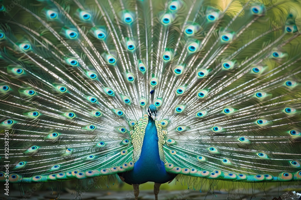 Obraz premium A peacock displays its vibrant blue, green and turquoise feathers with a brilliant array of 