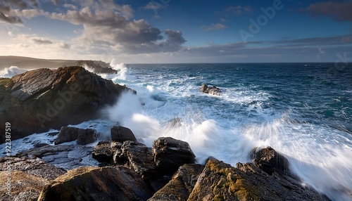 Sunset over the coast with waves crashing on rocky shores photo