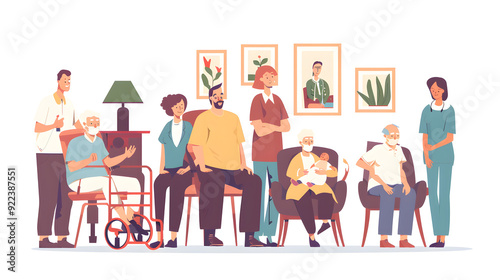 Elderly care workers and elderly people in a living room, a flat design illustration with a white background, in a simple style, full body portraits, simple lines, vector graphics and high resolution.