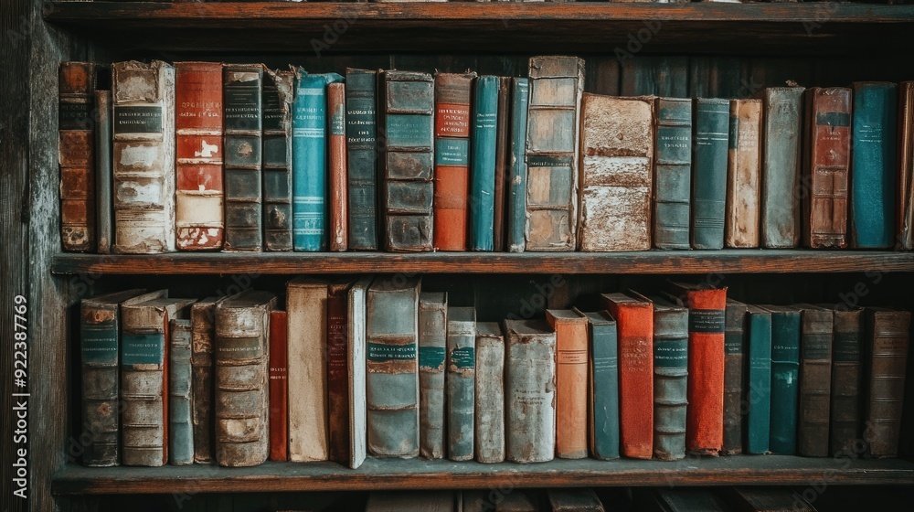 A bookshelf filled with various books, some showing signs of wear and tear, with aged spines and frayed edges. A bookshelf filled with various books, some showing signs of wear and tear, with aged spines and frayed edges.