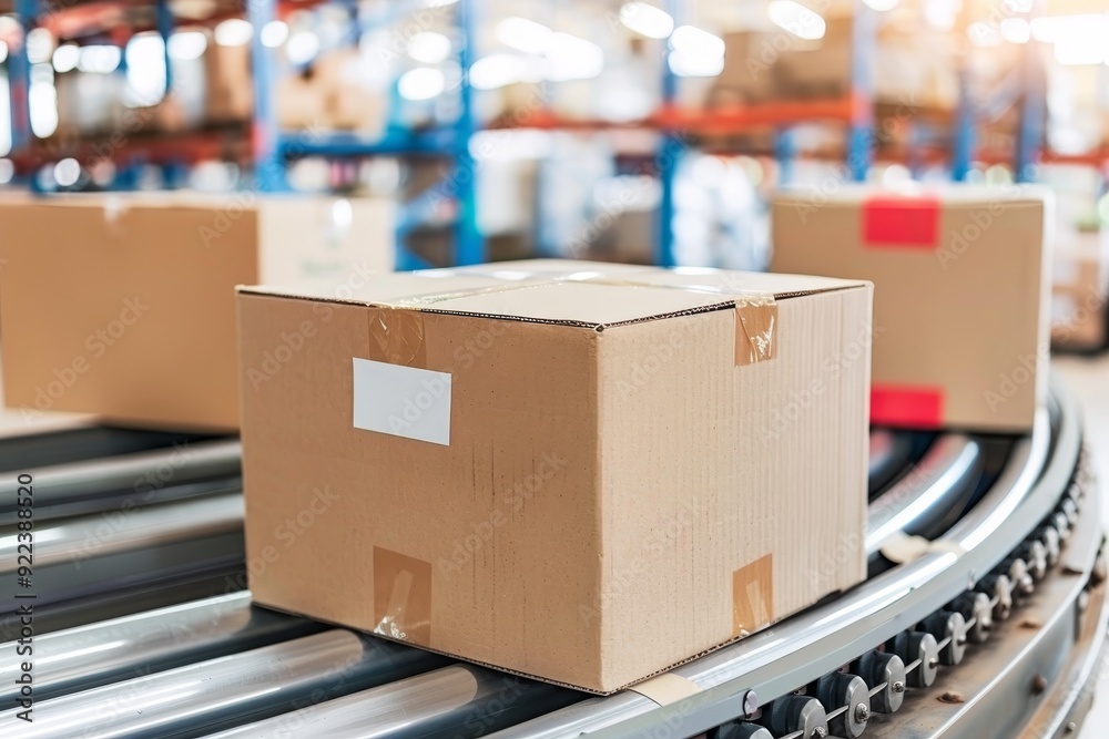 Cardboard Box Packages Moving Seamlessly Along Belt in Warehouse Center for Logistics and Delivery