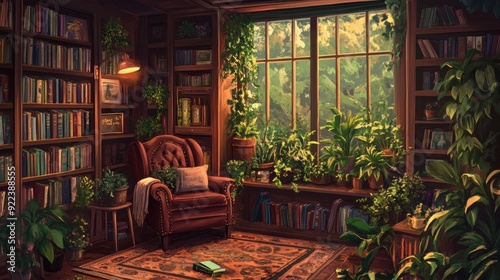 A room with a chair and bookshelves filled with potted plants, AI